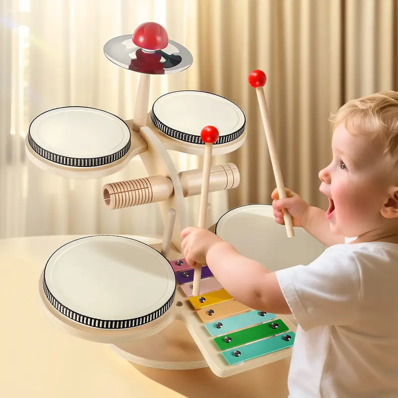 Natural Wooden Drum Set For Toddlers 1