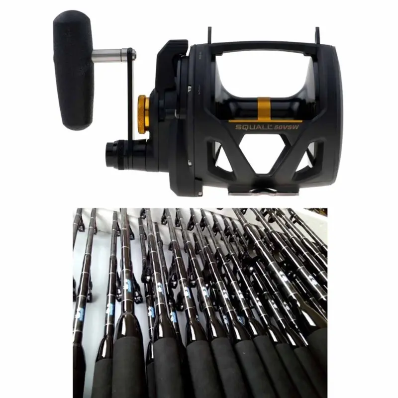 Penn Squall Sql50Vsw Two-Speed Lever Drag Reel With Sloopster F5 Standup Rod 1