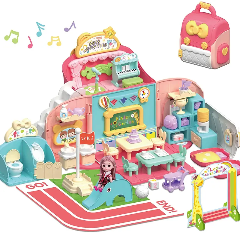 Portable Dollhouse & School Pretend Play Set For Girls With Backpack 1