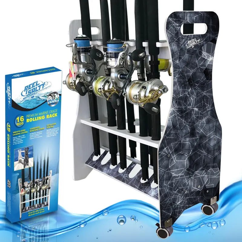 Reel Salty 16-Rod Rolling Floor Rack – Mobile Fishing Rod Organizer 1