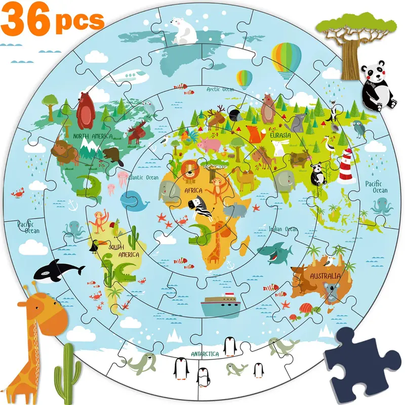 Round Wooden World Map Jigsaw Puzzle For Early Geography Learning 1