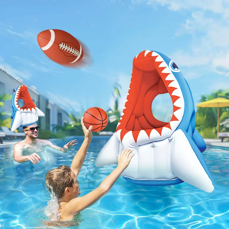 Shark-Themed Pool Floats & Water Games – Hoop Toss, Basketball & Football Set 1