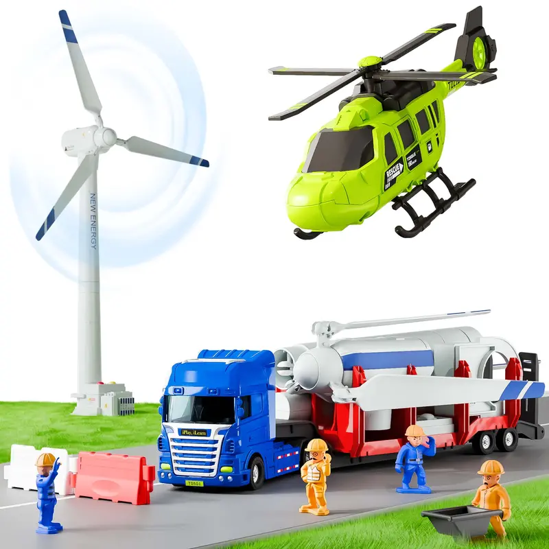 Toddler Construction Vehicle Playset – Trailer Truck, Helicopter & Windmill Stem Toy 1